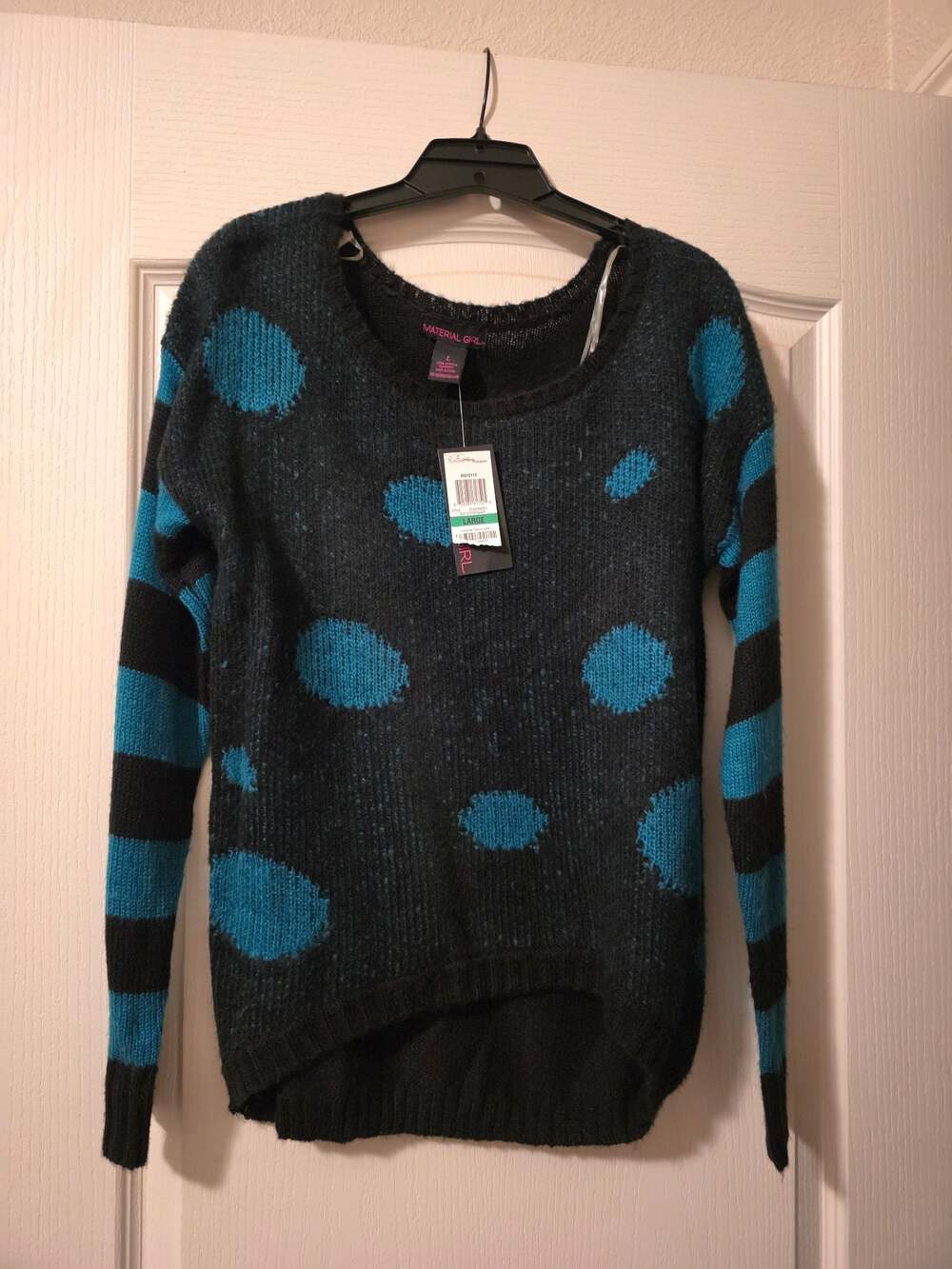 NWT Material Girl Black & Everglades Blue Dot Striped Sweater Large